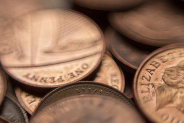 Pile of British 1 pence coins