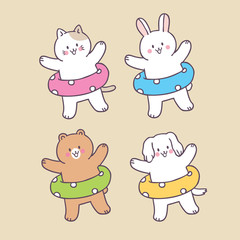 Cartoon cute summer animals and life ring vector.