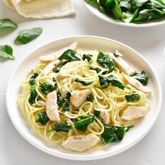 Spaghetti with spinach leaves, grilled chicken breast and cheese