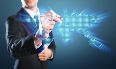 Businessman and  business symbols on  background
