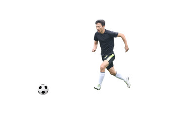 Fototapeta na wymiar Asian soccer player kicking ball isolated on white