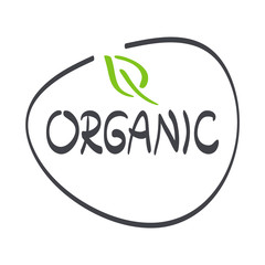 Organic food label with leaf. Hand drawn green and grey vector logo, sign. Symbol for healthy eating, health, menu, market, product design. Brush lettering.