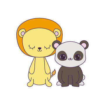 cute lion with panda bear animals isolated icon