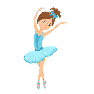 Ballerina in blue dress isolated on white background. Cute little girl in motion. Vector illustration of a dancing child in cartoon flat style.