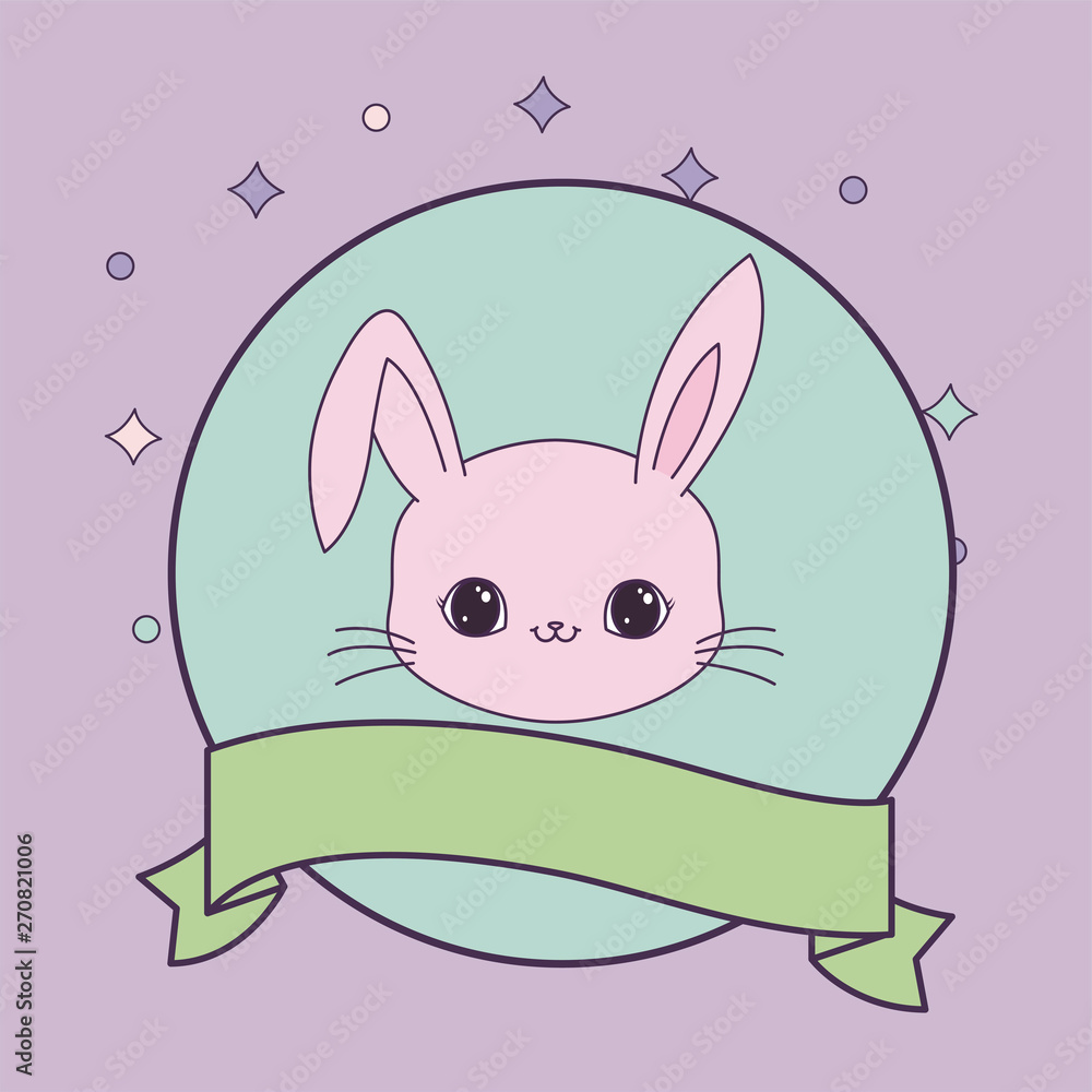 Poster head of cute rabbit with ribbon in frame circular