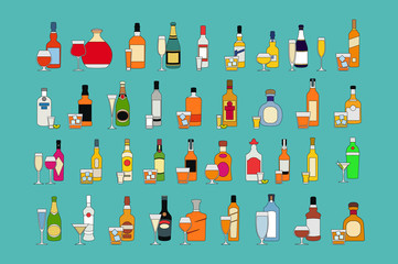 Set of different bottles of alcohol drinks with glasses. isolated on blue background vector illustration. Holiday celebration.
