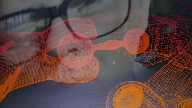 Close up reflection of face of industrial engineer with diagram of industrial robotic arm on screen as he designs and renders it using 3D drafting software.  Robotics is an growing sector