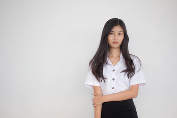 Portrait of thai adult student university uniform beautiful girl relax and smile