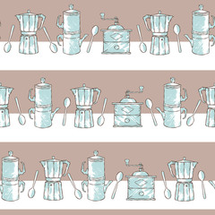 Vector coffee maker horizontal seamless pattern. Hand drawn design of coffee makers for cafe print design. Vector background of moka and coffee grinder. Great for wrapping paper, ads and menu design.