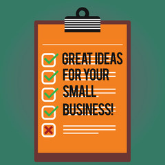 Text sign showing Great Ideas For Your Small Business. Conceptual photo Good innovative solutions to start Lined Color Vertical Clipboard with Check Box photo Blank Copy Space