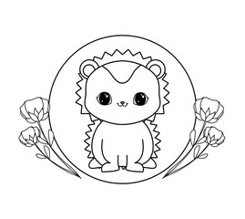 cute porcupine in frame circular with flowers