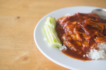 Barbecued red pork in sauce with rice.