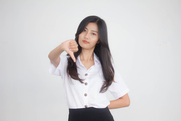 Portrait of thai adult student university uniform beautiful girl dislike