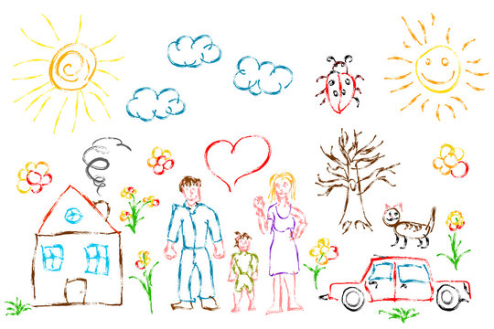 Cute colorful child's hand drawn objects like family, flowers, house, grass, tree, sun and cat on white