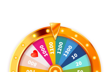 Golden Wheel of Fortune with lighting bulbs isolated on white