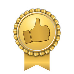Ribbon award up thumb gold icon. Gesture success hand golden medal. Best choice, best seller, label control quality satisfaction. Design stamp guarantee certificate seal recommend. Vector illustration