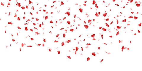 Heart falling confetti isolated white background. Red fall hearts. Valentine day decoration. Love element design, hearts-shape confetti invitation wedding card, romantic holiday. Vector illustration