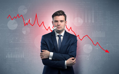 Young sick businessman with decreasing performance concept

