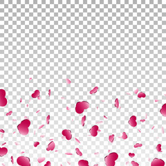 Heart falling confetti isolated white transparent background. Red fall hearts. Valentine day decoration. Love element design, hearts-shape confetti wedding card, romantic holiday. Vector illustration