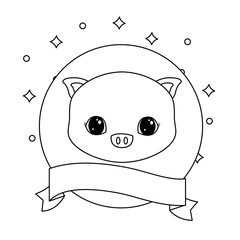 head of cute piggy in frame circular with ribbon