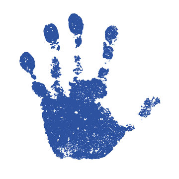 Hand paint print, isolated white background. Blue human palm and fingers. Abstract art design, symbol identity people. Silhouette child, kid, people handprint. Grunge texture. Vector illustration