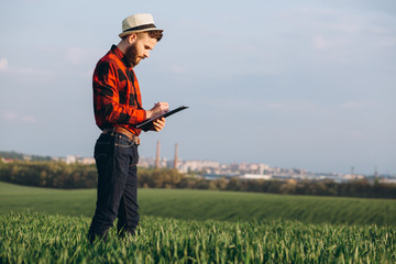 Young handsome bearded farmer with folder standing in green wheat field in early summer