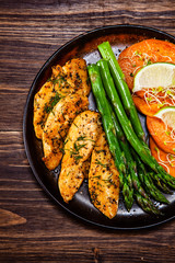 Grilled chicken strips and vegetables
