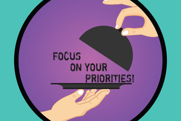 Handwriting text Focus On Your Priorities. Concept meaning Make a plan based on important things to do Hu analysis Hands Serving Tray Platter and Lifting the Lid inside Color Circle