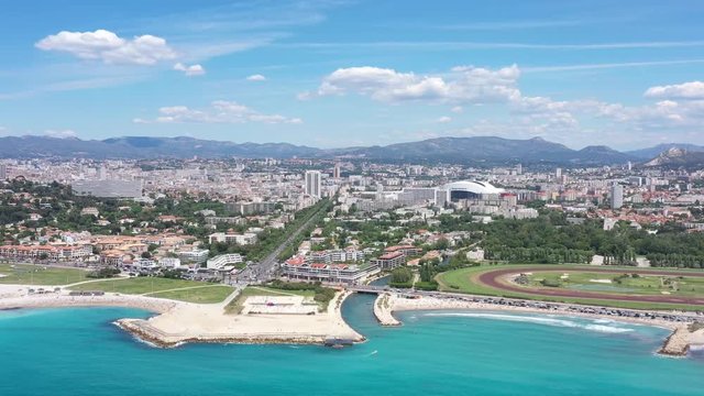 Marseille South District Velodrome Stadium Coastal Mediterranean City Aerial Shot Sunny Day