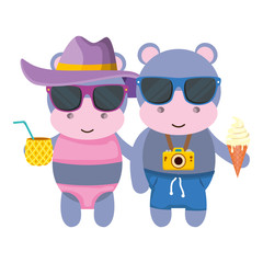 hippos couple with photographic camera and cocktail