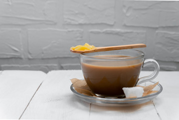 Simple keto coffee recipe with ghee butter and coconut oil, copy space