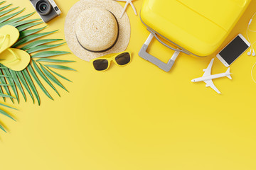 Flat lay yellow suitcase with traveler accessories and tropical palm leaves on yellow background. travel concept. 3d rendering