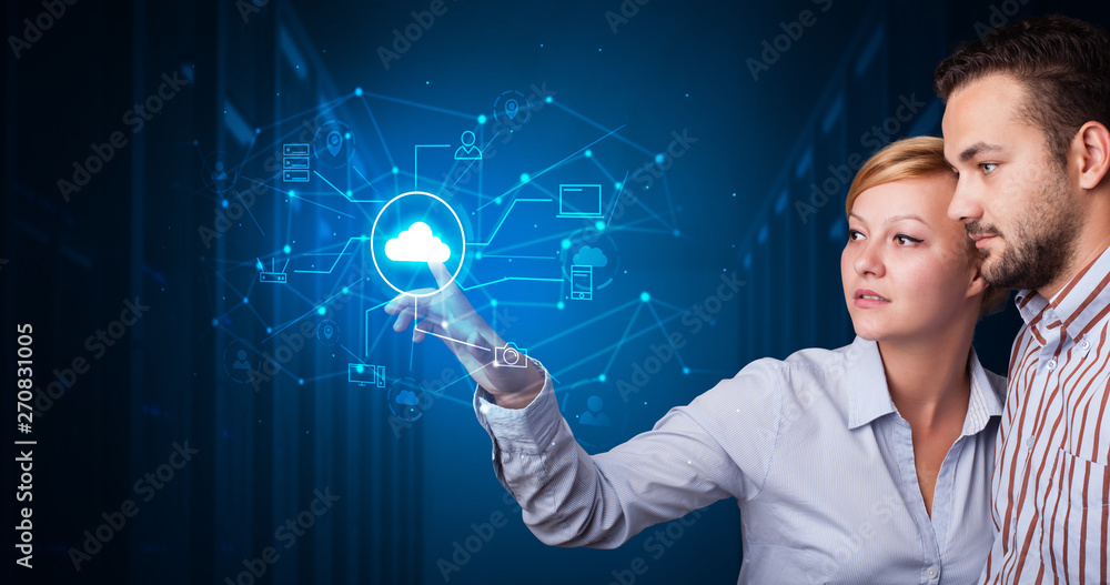 Poster Man and woman touching hologram projection displaying cloud system 
