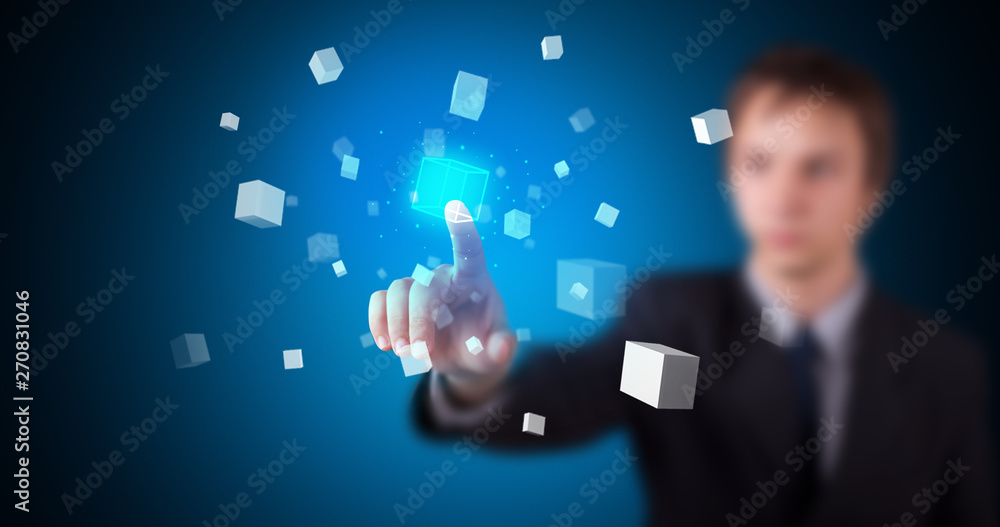 Poster Man touching hologram screen displaying cube symbols
