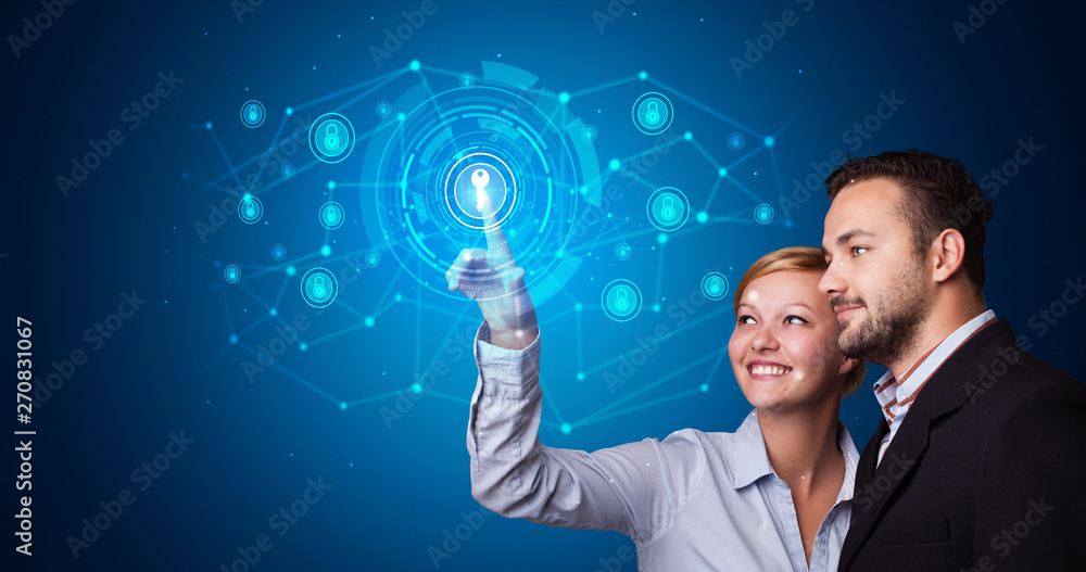 Poster Man touching hologram screen displaying keys and locks