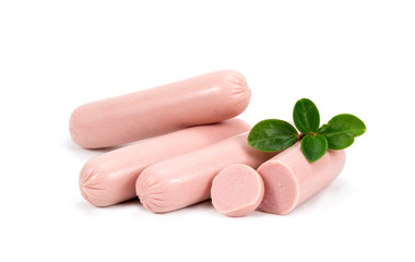 Boiled sausages with green, isolated on white background.