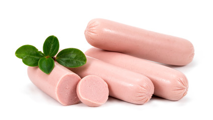 Boiled sausages with green, isolated on white background.