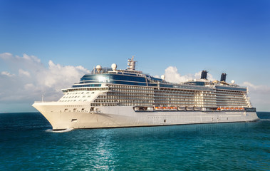 Luxury Cruise Ship Sailing to Port on sunny day