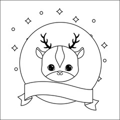 head of cute reindeer in frame circular with ribbon