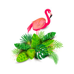 Pink flamingo and tropical leaves vector illustration isolated on white background. Design element for tropical party, t-shirt design, banner, poster, web, invitation.