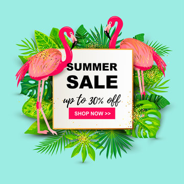 Summer sale banner with tropical leaves and pink flamingo. Place for text. Template for poster, web, invitation, flyer.