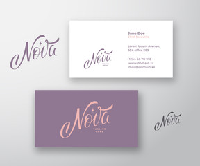 Nova Inscription Abstract Vector Logo and Business Card Template. Premium Stationary Realistic Mock Up. Premium Quality Hand Drawn Lettering with Star Silhouette.