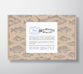 Fish Pattern Realistic Cardboard Box with Banner. Abstract Vector Packaging Design or Label. Modern Typography, Hand Drawn Trout Silhouette. Craft Paper Background Layout.