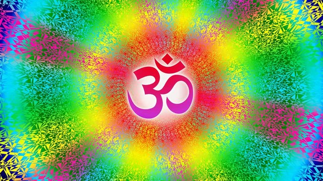 Openwork mandala with the sign Aum / ohm in the center rotates around the center. Bright rainbow spectral colors. Video screensaver.