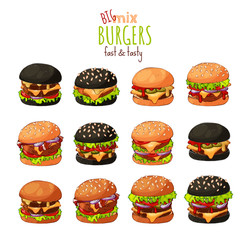 Vector. Big set of different kinds of burgers. - obrazy, fototapety, plakaty