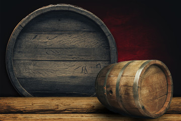 Wooden barrel background and worn old table of wood.