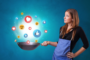 Young happy person cooking social media concept in wok
