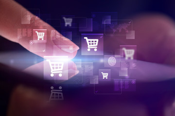 Finger touching phone with online shopping concept and dark background
