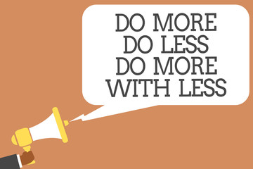 Conceptual hand writing showing Do More Do Less Do More With Less. Business photo showcasing dont work hard work smart be unique Man holding megaphone speech bubble message speaking loud