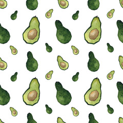 Seamless pattern of avocados and avocado halves on a white background. Watercolor hand painted avocados. Illustration - Illustration